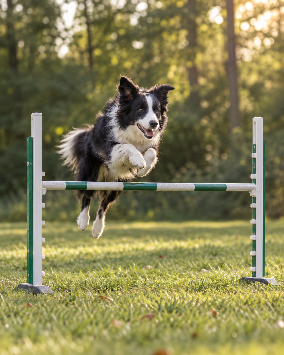 Illustration générée : un border collie franchit une barre d’agility en extérieur
