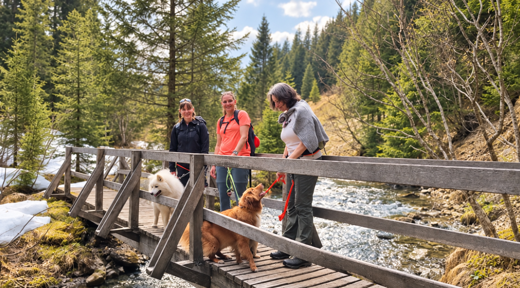 Une promenade partagée sur un pont en forêt, avec les chiens du club