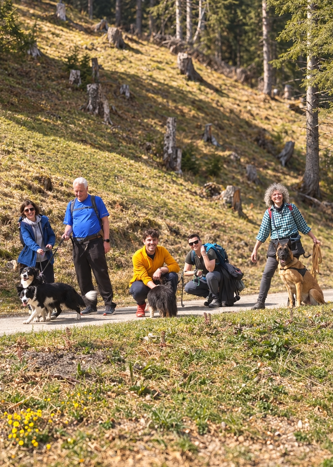 Des membres du club et leurs chiens en promenade