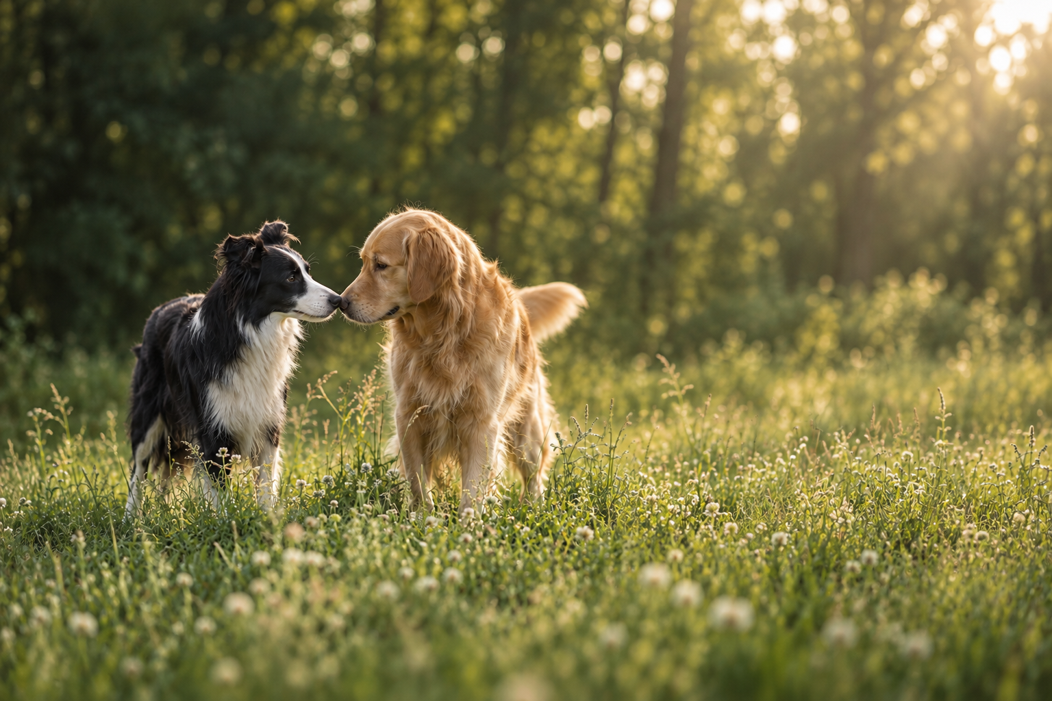 Deux chiens se rencontrent calmement