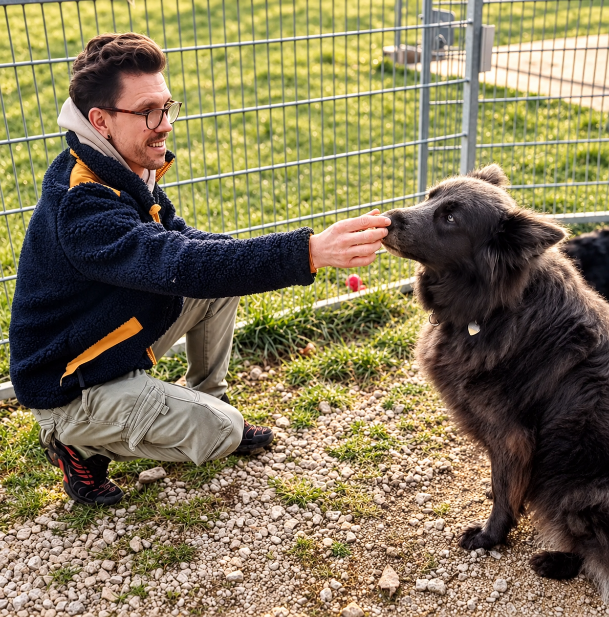 Samuel Schmied, avec ses lunettes, agenouillé auprès d’un grand chien noir