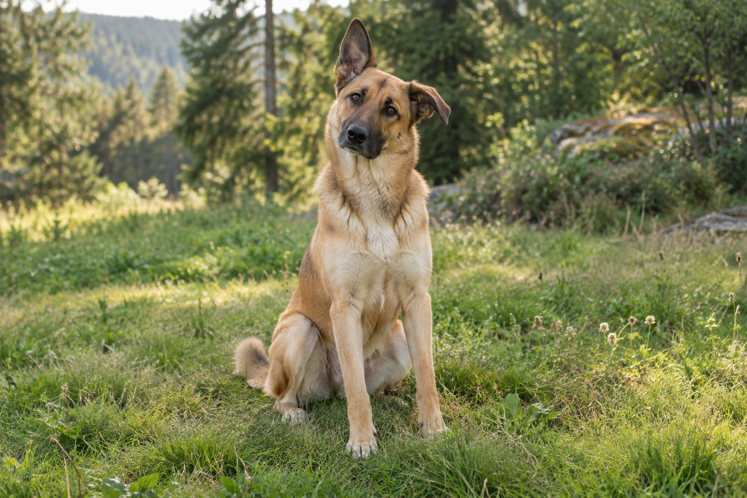 Un chien assis dans une prairie, aux oreilles attentives et à la tête légèrement inclinée